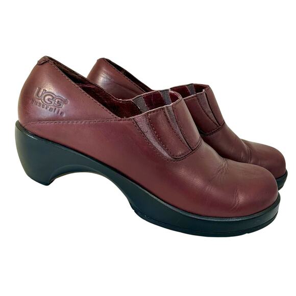 Y2K Vintage UGG Australia Burgundy Leather Clogs wedge heel mule Minimalist 8 - Picture 2 of 11